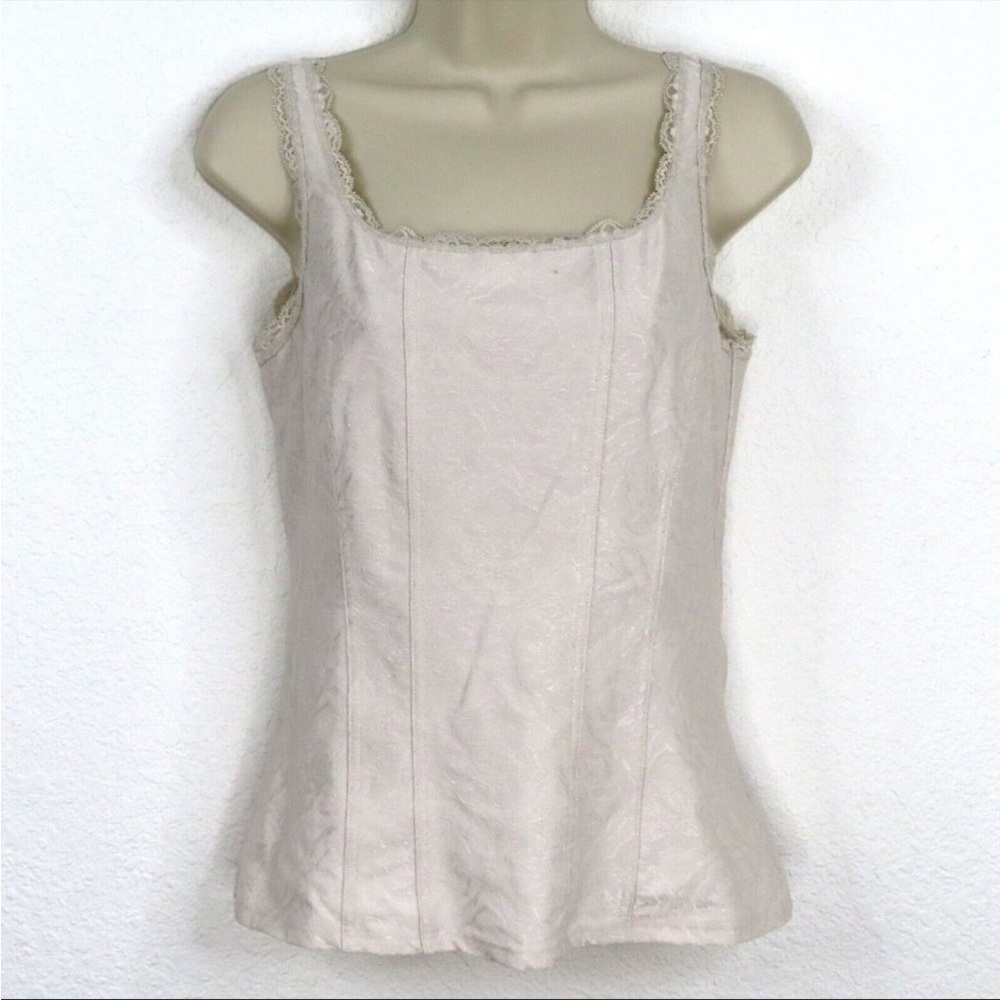 White House Black Market WHBM Small Brocade Scroll Lace Trim Tank Top Shirt Chic